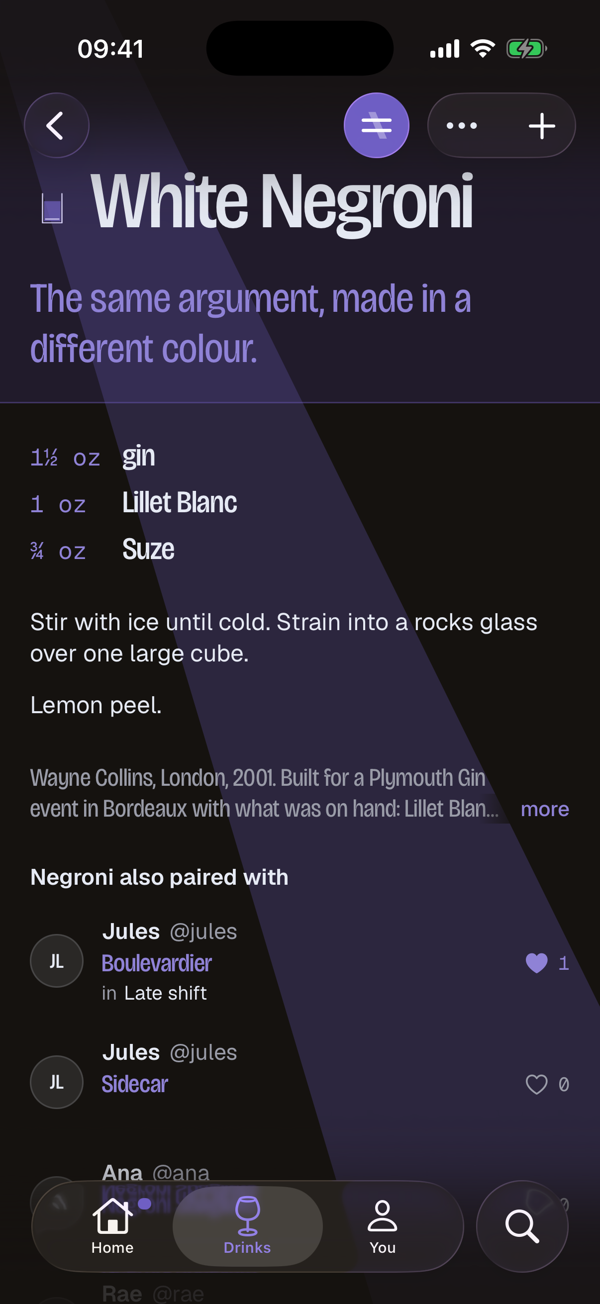 The same page with the light on: a violet beam crosses it and the White Negroni appears, gin, Lillet Blanc and Suze, under the line “The same argument, made in a different colour.”