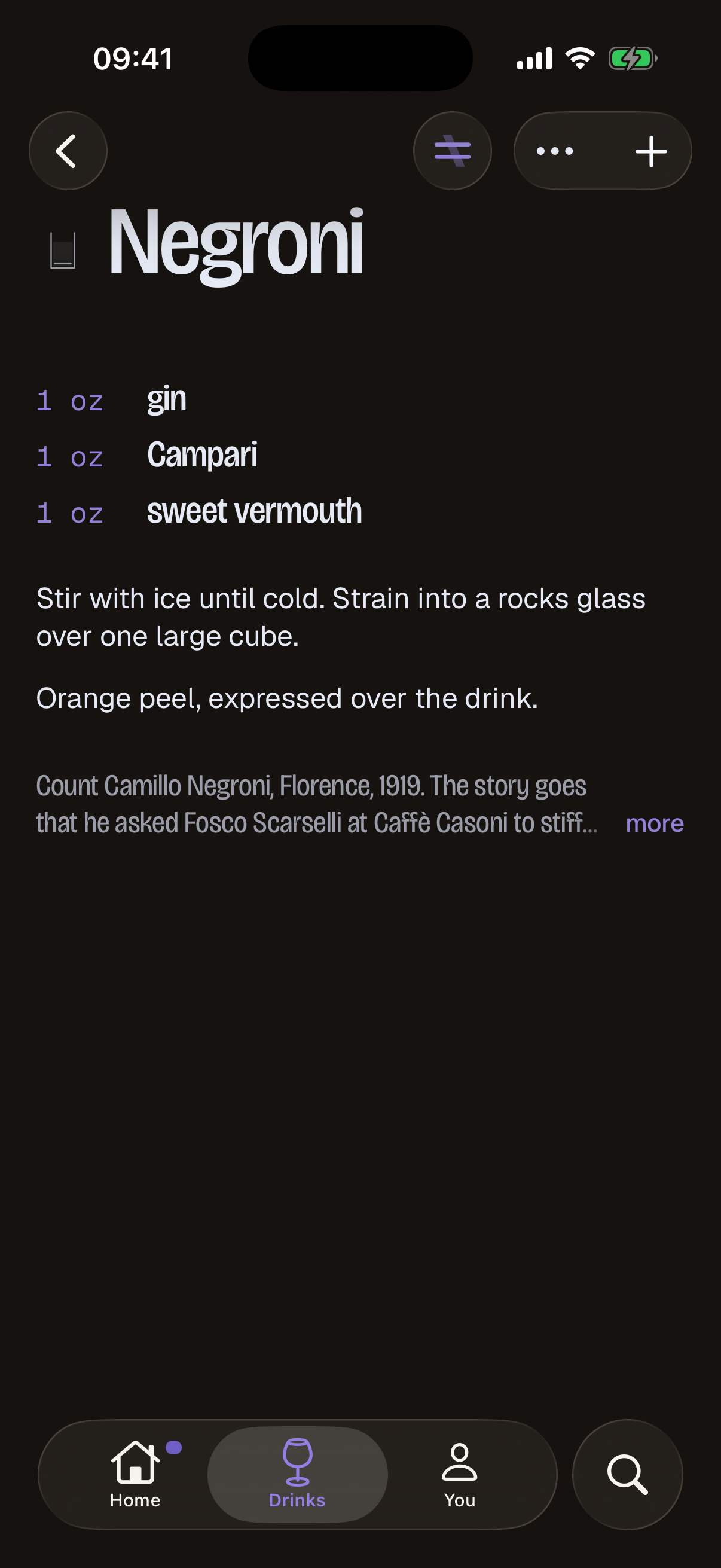 The Negroni in Croze with the light off: an ounce each of gin, Campari and sweet vermouth, stirred over one large cube, an orange peel, and a note on Count Camillo Negroni in Florence, 1919.